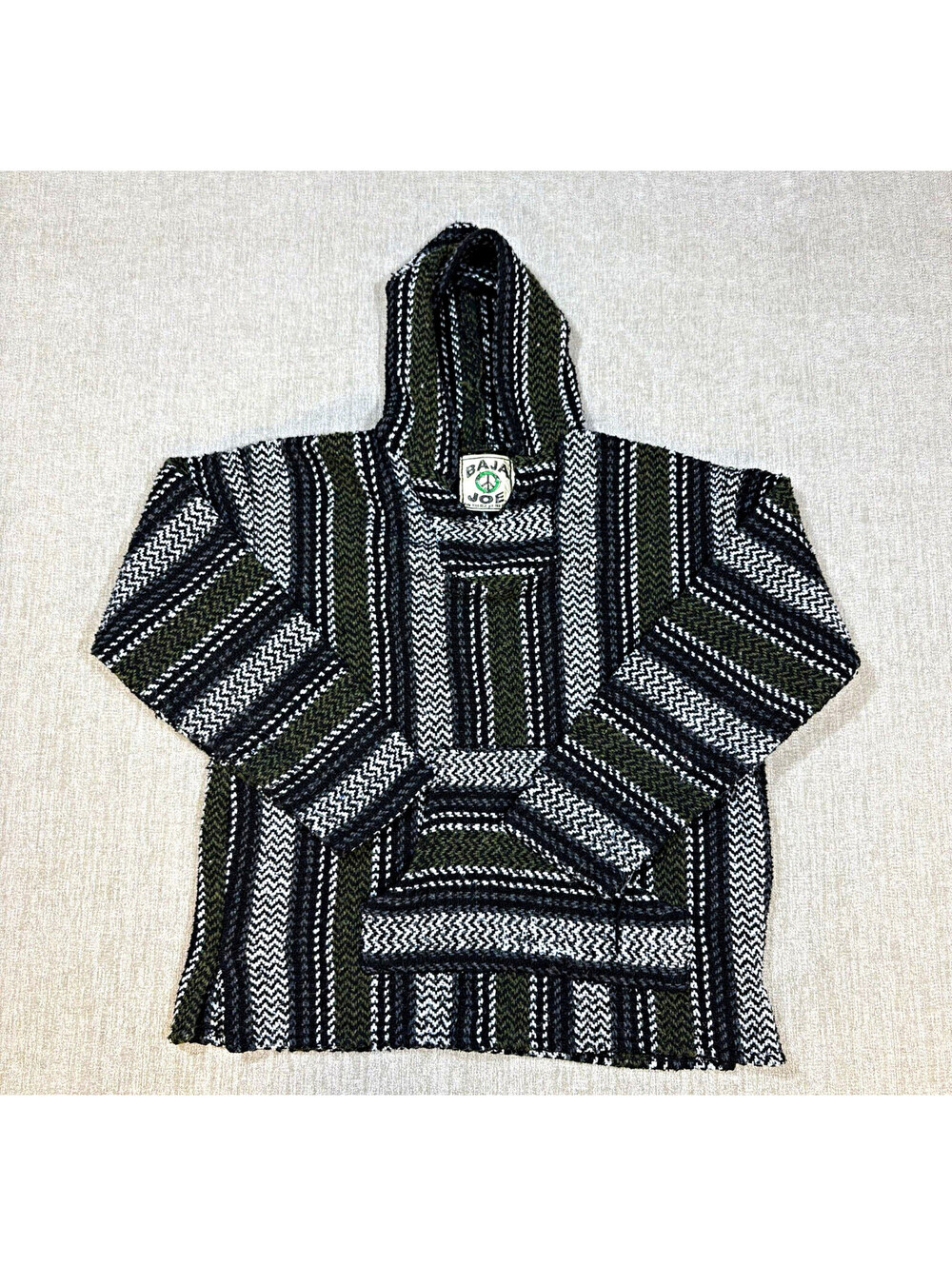 Baja Joe Hoodie Mens M Black White Green Drug Rug Made in Mexico Poncho Surf